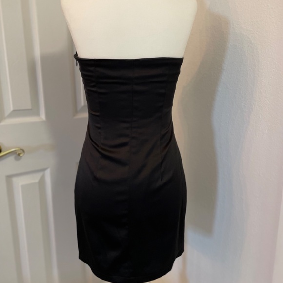 Black Satin Mini dress w/ Faux Leather accents Strapless LBD S/M - Picture 7 of 8